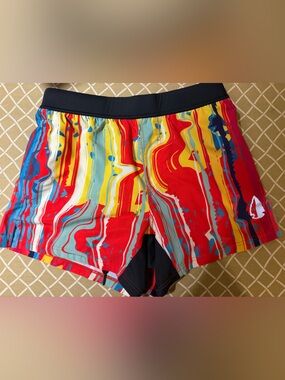 Men's Tachuntfish Red Abstract Athletic Shorts with Black Waistband